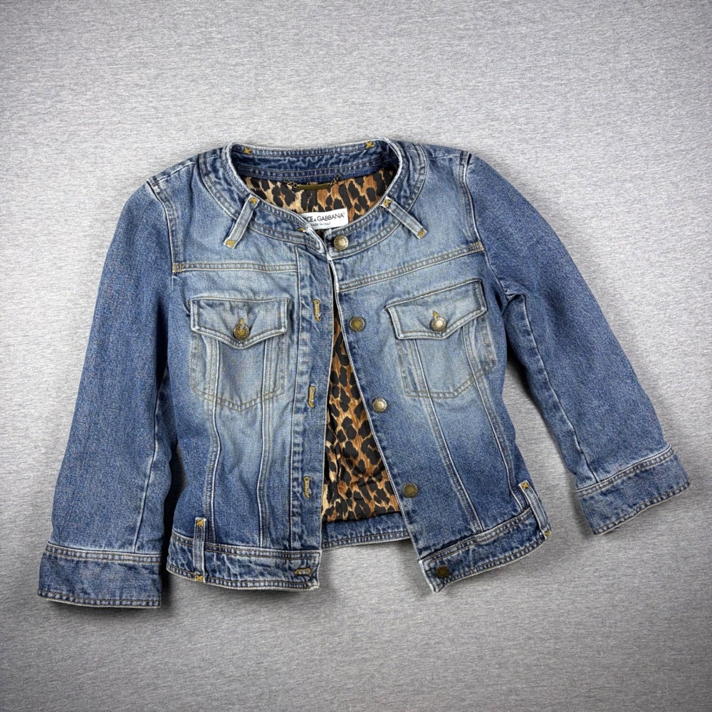 Dolce & Gabbana Women's Size 8 Denim Jacket Leopard Print Lining Made in Italy